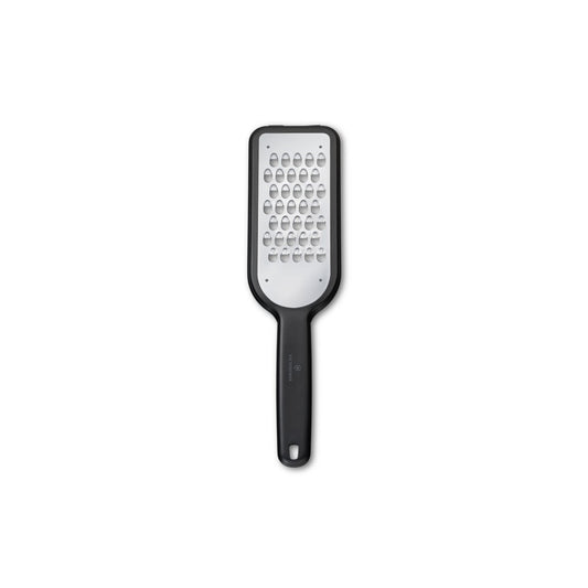 Coarse box grater with black frame, stainless perforated grating plate, black handle