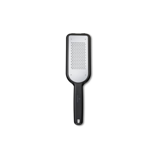 Fine grater with black handle and perforated stainless grating surface