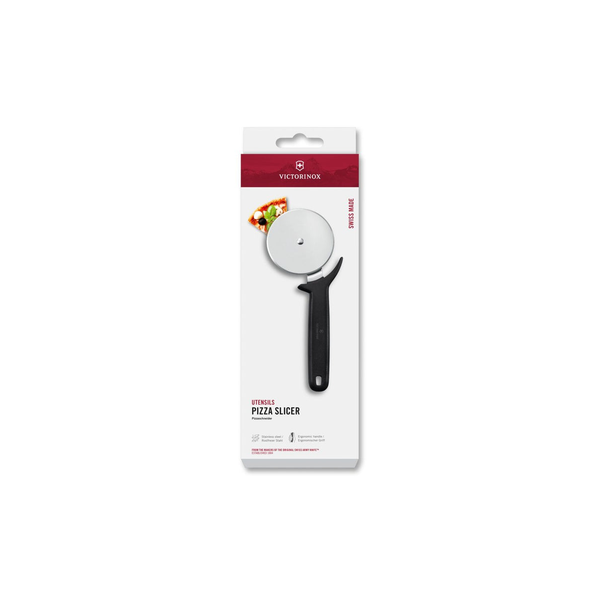 Pizza slicer with round stainless blade and black handle, retail package