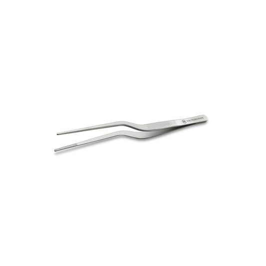 Offset tweezers with angled pointed tips and ridged handle, stainless steel