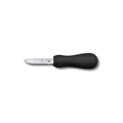 Black-handled oyster knife with white blade, textured grip handle