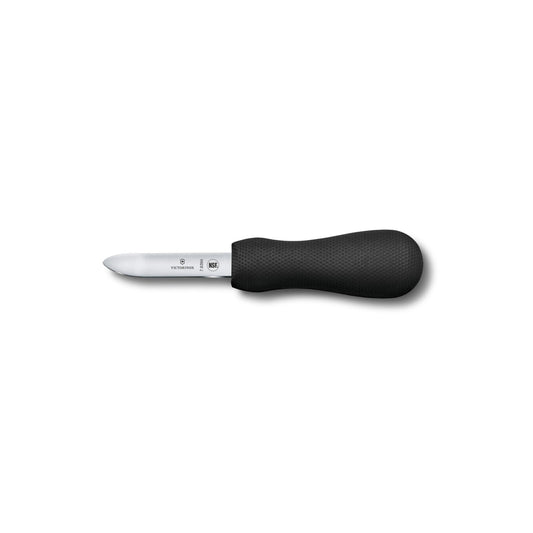 Black-handled oyster knife with white blade, textured grip handle