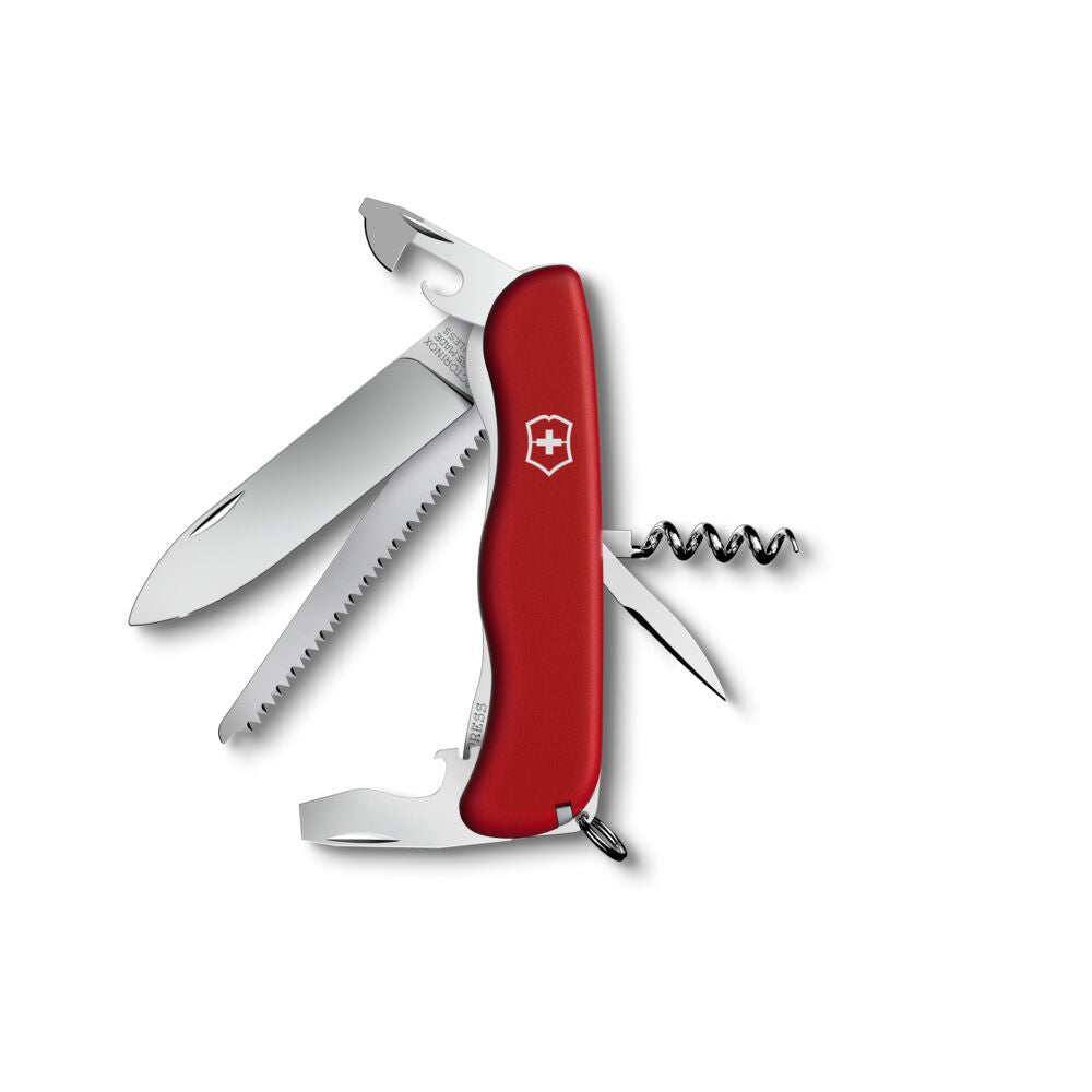 Red pocket multitool knife with red cross emblem, saw blade and corkscrew tool