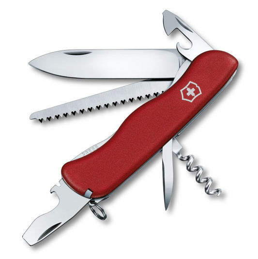 Red pocket multitool knife with saw, large blade, corkscrew and cross emblem