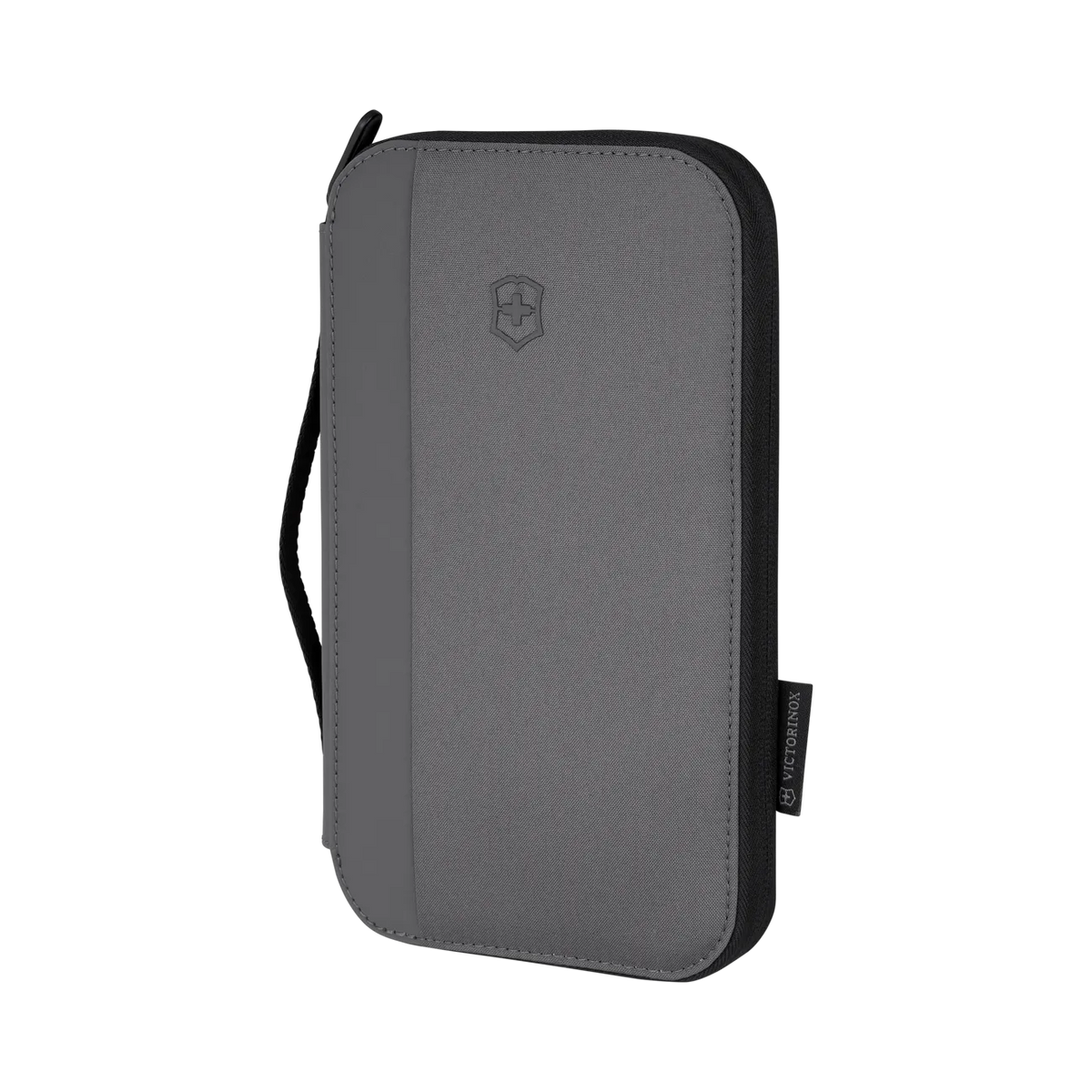 Frost gray organizer pouch with snap closure and shoulder strap