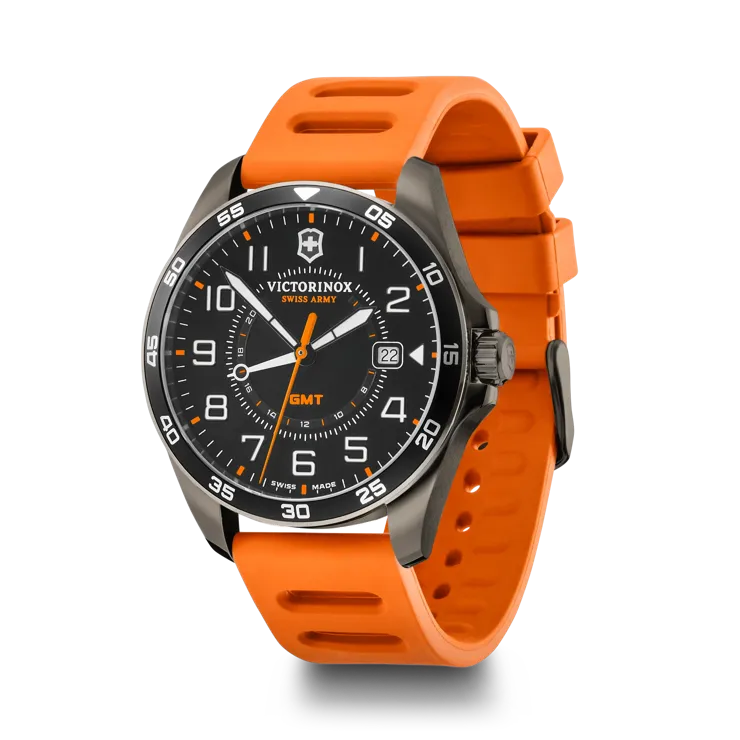 Victorinox FieldForce Sport GMT watch in orange quarter view
