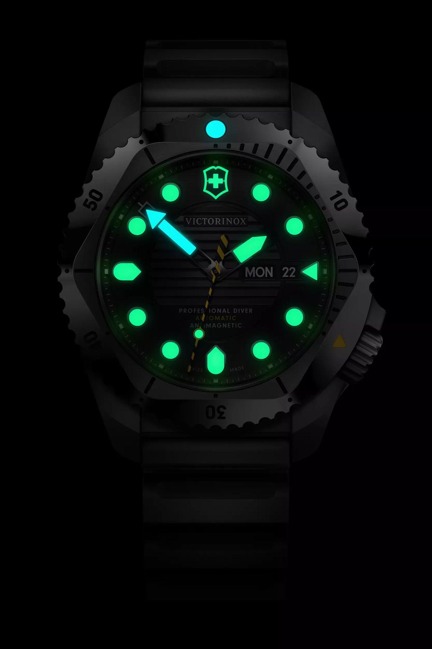 Victorinox Dive Pro Automatic watch in dark with luminescent hands