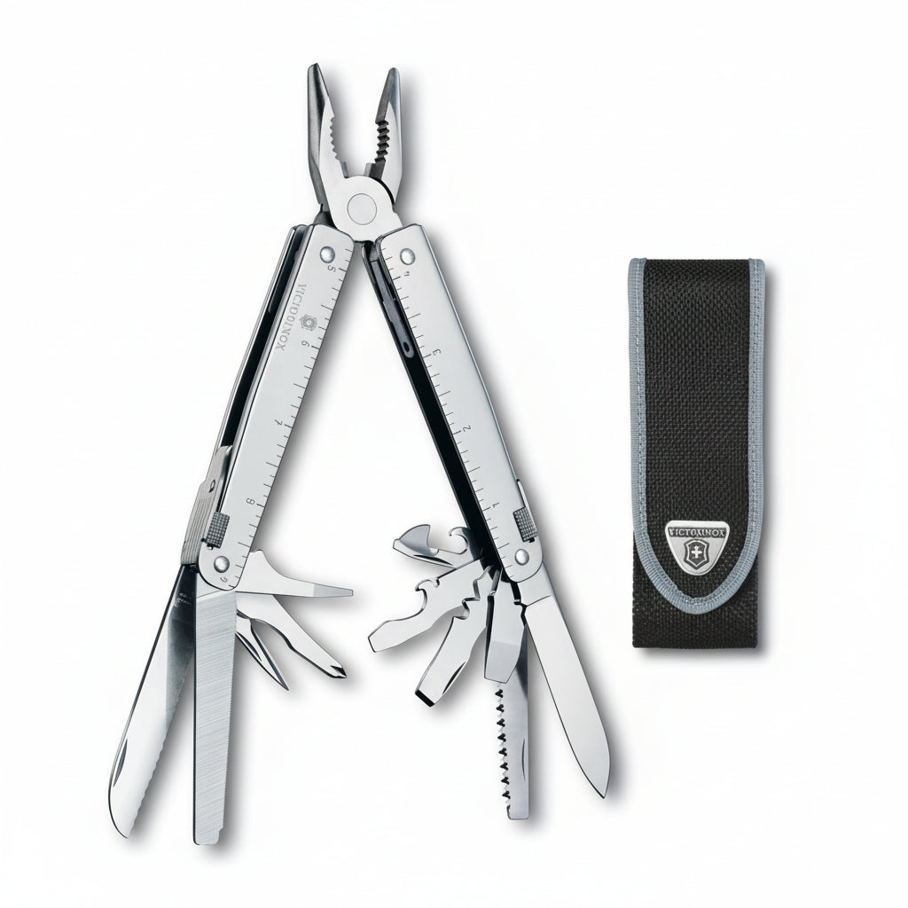 Swiss Tool multitool with dark fabric pouch