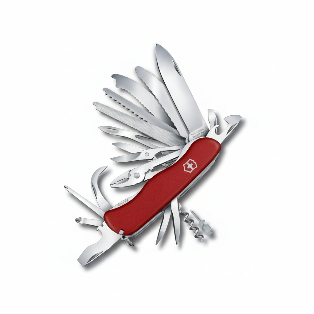 A classic Victorinox Swiss Army multi-tool pocket knife with a red handle and multiple silver stainless steel tools fully extended, set against a light gray background.